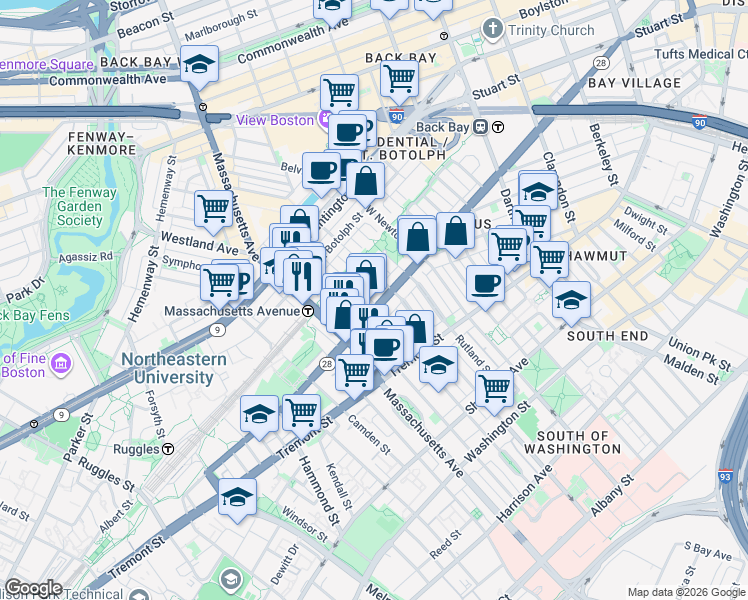 map of restaurants, bars, coffee shops, grocery stores, and more near 525 A Columbus Avenue in Boston
