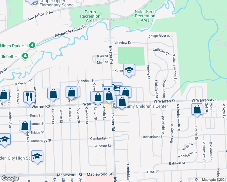 map of restaurants, bars, coffee shops, grocery stores, and more near 27228 West Pleasant Ridge Street in Dearborn Heights