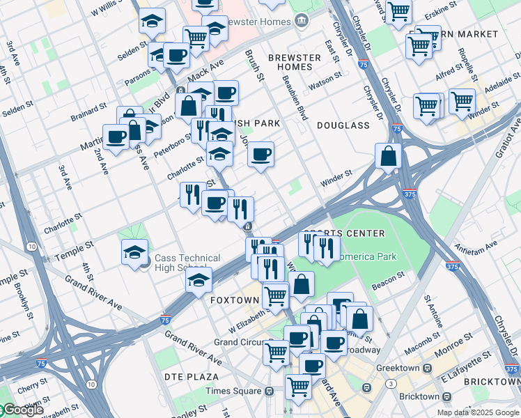 map of restaurants, bars, coffee shops, grocery stores, and more near 66 Adelaide Street in Detroit