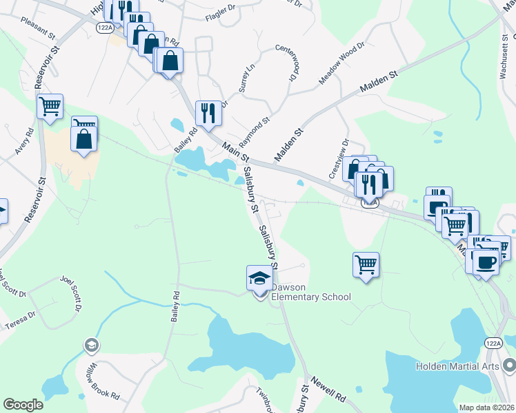 map of restaurants, bars, coffee shops, grocery stores, and more near 54 Salisbury Street in Holden