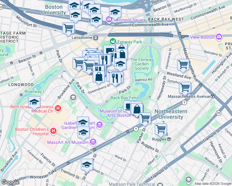 map of restaurants, bars, coffee shops, grocery stores, and more near 111 Park Drive in Boston