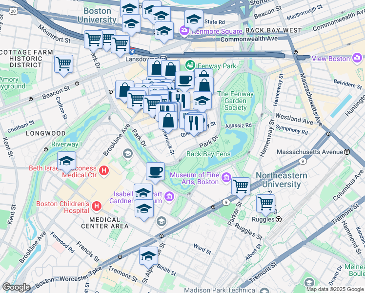 map of restaurants, bars, coffee shops, grocery stores, and more near 58 Queensberry Street in Boston