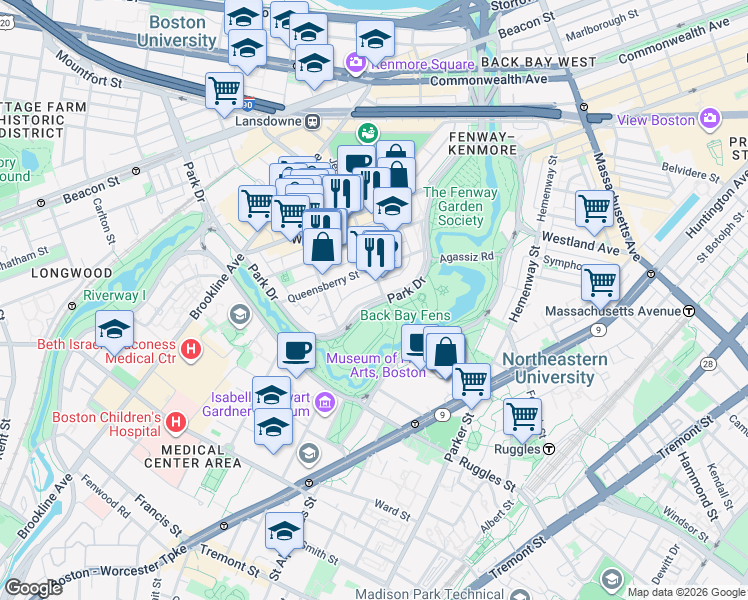 map of restaurants, bars, coffee shops, grocery stores, and more near 111 Park Drive in Boston
