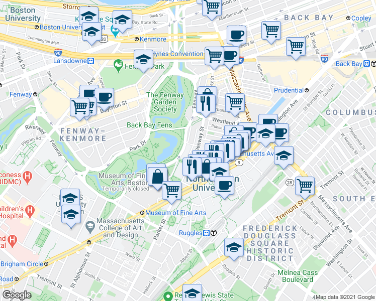 map of restaurants, bars, coffee shops, grocery stores, and more near 96 Fenway in Boston