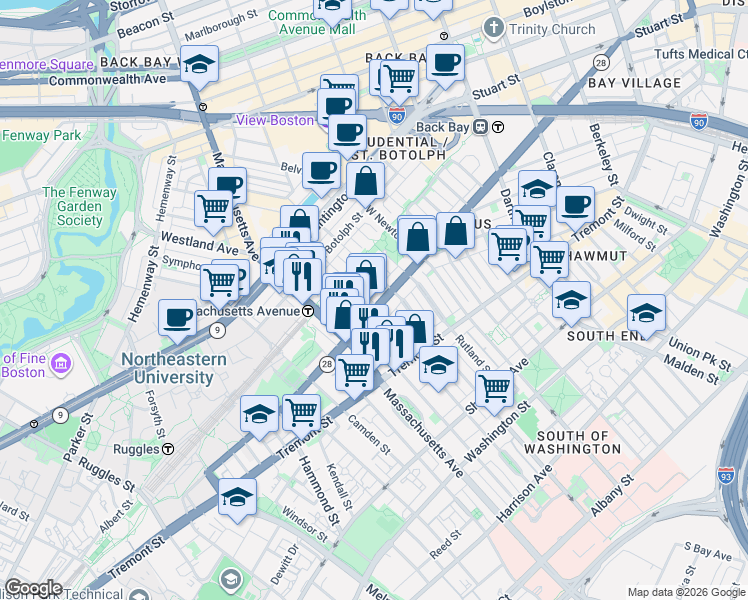 map of restaurants, bars, coffee shops, grocery stores, and more near 525 A Columbus Avenue in Boston