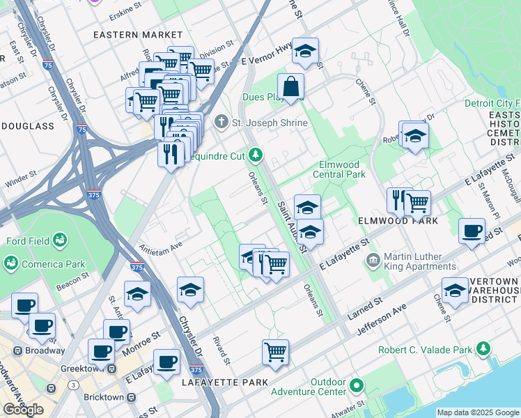 map of restaurants, bars, coffee shops, grocery stores, and more near 1575 Cherboneau Place in Detroit