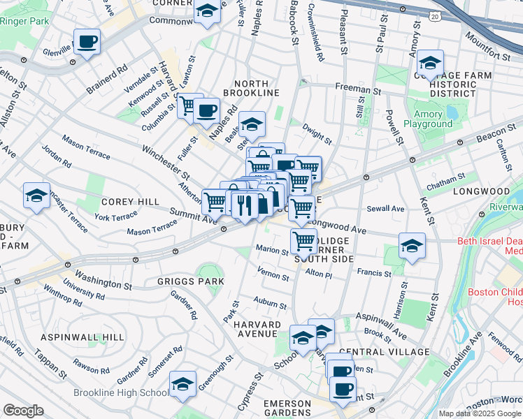 map of restaurants, bars, coffee shops, grocery stores, and more near in Brookline