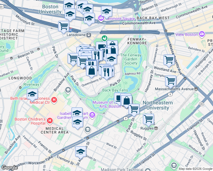 map of restaurants, bars, coffee shops, grocery stores, and more near 111 Park Drive in Boston