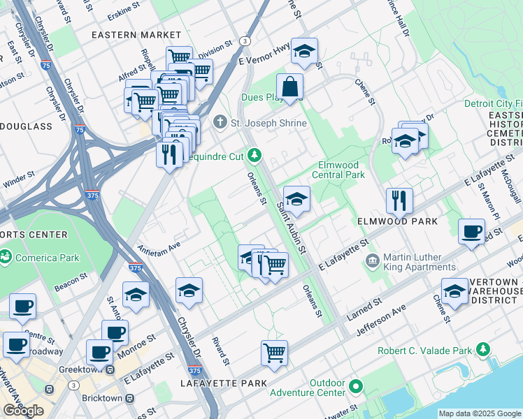 map of restaurants, bars, coffee shops, grocery stores, and more near 1575 Cherboneau Place in Detroit