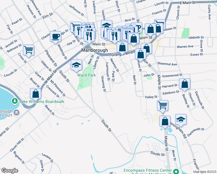 map of restaurants, bars, coffee shops, grocery stores, and more near 123 Fairmount Street in Marlborough