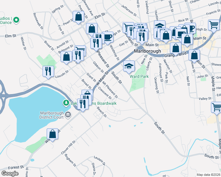 map of restaurants, bars, coffee shops, grocery stores, and more near 38 Mount Pleasant Street in Marlborough