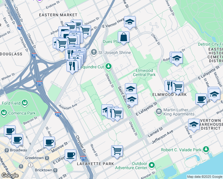 map of restaurants, bars, coffee shops, grocery stores, and more near 1575 Cherboneau Place in Detroit