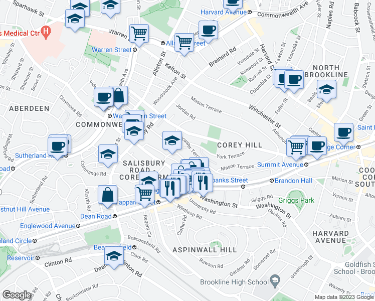 map of restaurants, bars, coffee shops, grocery stores, and more near 126 Lancaster Terrace in Brookline