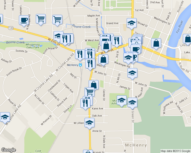 map of restaurants, bars, coffee shops, grocery stores, and more near 924 Front Street in McHenry