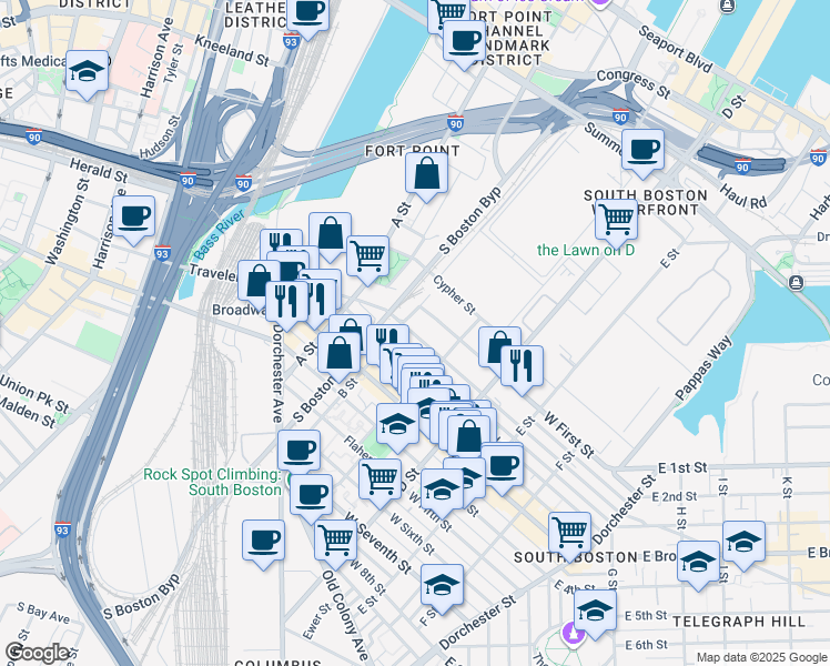 map of restaurants, bars, coffee shops, grocery stores, and more near 154 West 2nd Street in Boston