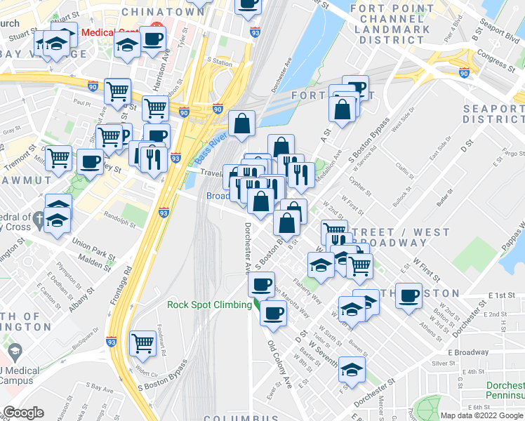 map of restaurants, bars, coffee shops, grocery stores, and more near 45 West Broadway in Boston