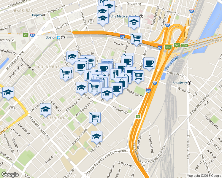 map of restaurants, bars, coffee shops, grocery stores, and more near in Boston
