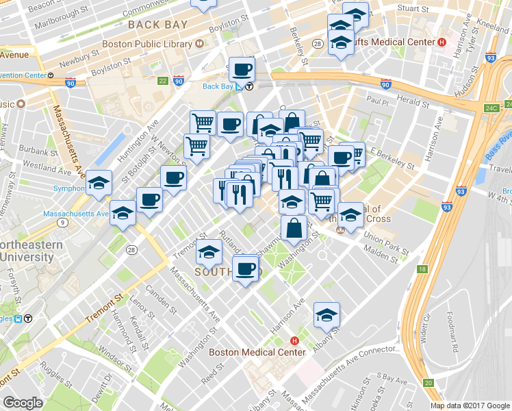 map of restaurants, bars, coffee shops, grocery stores, and more near 638 Tremont Street in Boston