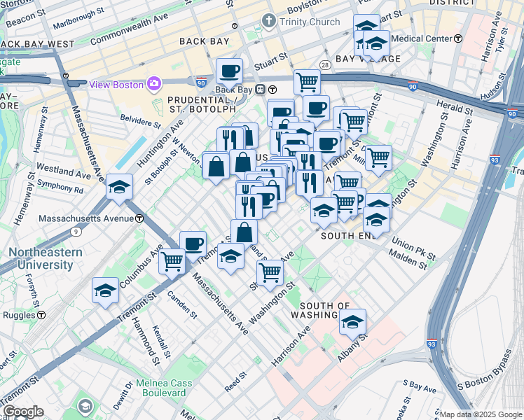map of restaurants, bars, coffee shops, grocery stores, and more near 83 Pembroke Street in Boston