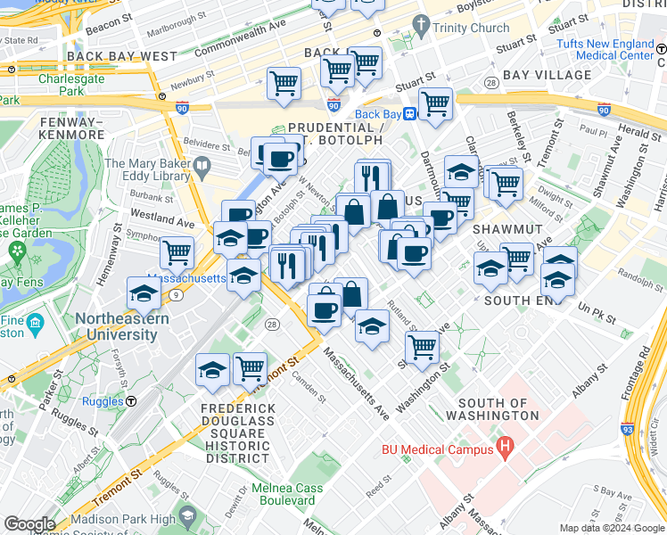 map of restaurants, bars, coffee shops, grocery stores, and more near 43 Public Alley 502 in Boston