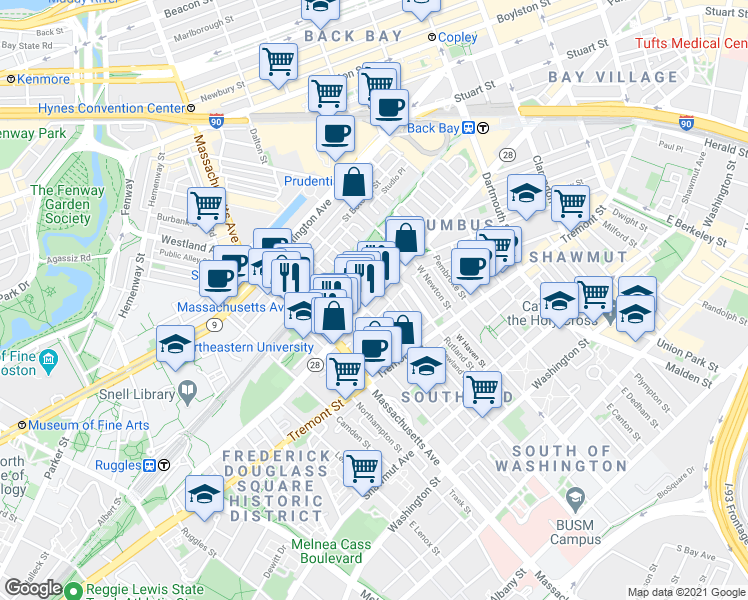 map of restaurants, bars, coffee shops, grocery stores, and more near 525 A Columbus Avenue in Boston