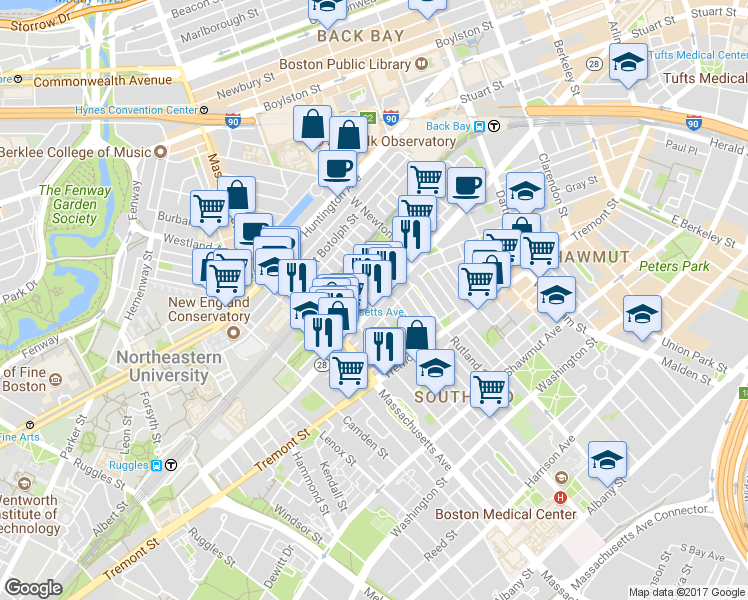 map of restaurants, bars, coffee shops, grocery stores, and more near 525 A Columbus Avenue in Boston