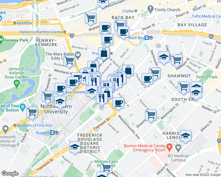 map of restaurants, bars, coffee shops, grocery stores, and more near 23 Wellington Street in Boston