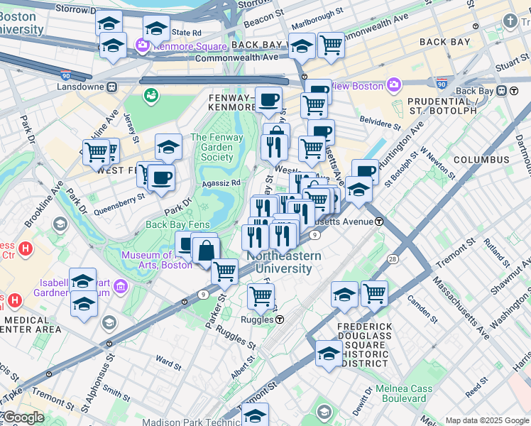 map of restaurants, bars, coffee shops, grocery stores, and more near 143 Hemenway Street in Boston