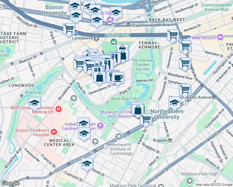 map of restaurants, bars, coffee shops, grocery stores, and more near 111 Park Drive in Boston