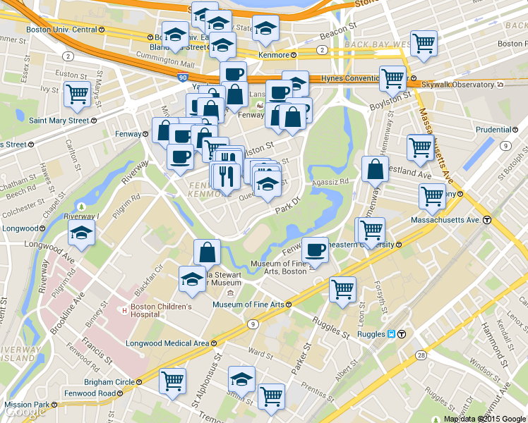 map of restaurants, bars, coffee shops, grocery stores, and more near 111 Park Drive in Boston