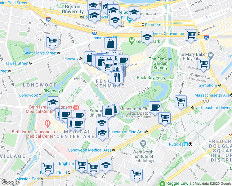 map of restaurants, bars, coffee shops, grocery stores, and more near 105 Queensberry Street in Boston