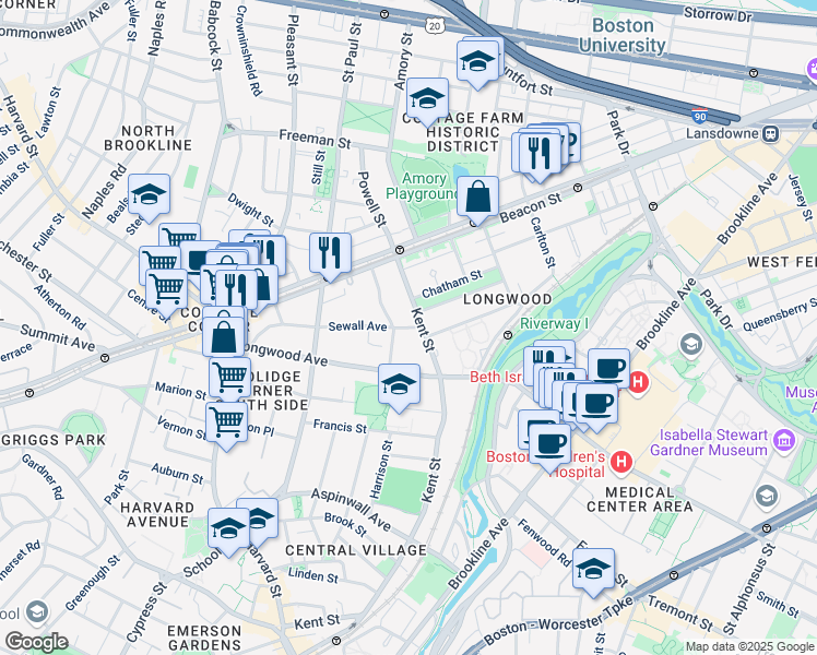 map of restaurants, bars, coffee shops, grocery stores, and more near 328 Kent Street in Brookline