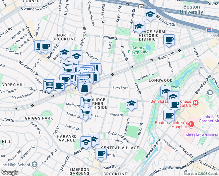map of restaurants, bars, coffee shops, grocery stores, and more near 76 Sewall Avenue in Brookline