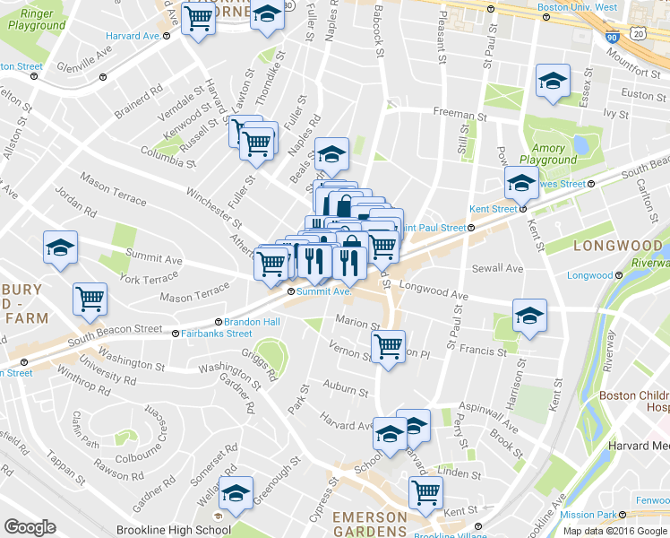 map of restaurants, bars, coffee shops, grocery stores, and more near in Brookline