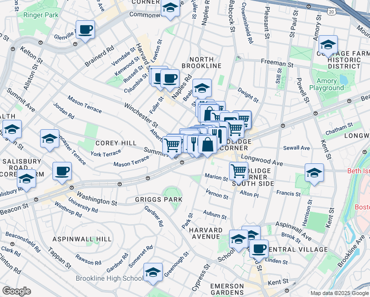 map of restaurants, bars, coffee shops, grocery stores, and more near 24 Winchester Street in Brookline