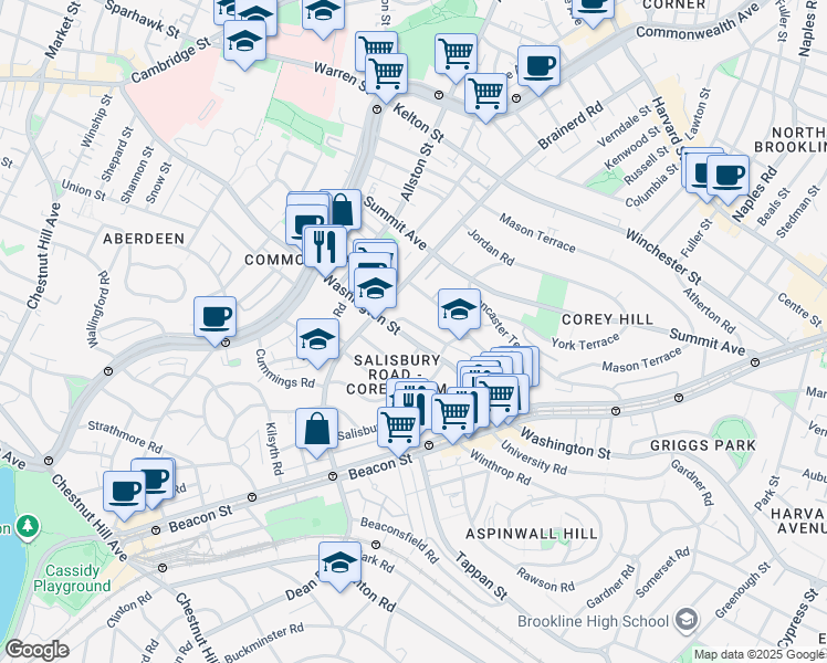 map of restaurants, bars, coffee shops, grocery stores, and more near 28 Bartlett Crescent in Brookline