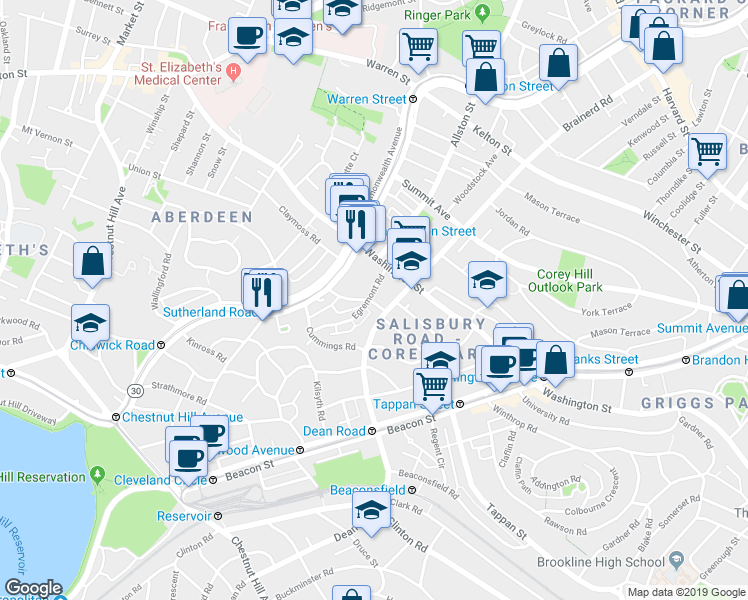 map of restaurants, bars, coffee shops, grocery stores, and more near 19 Mount Hood Road in Boston
