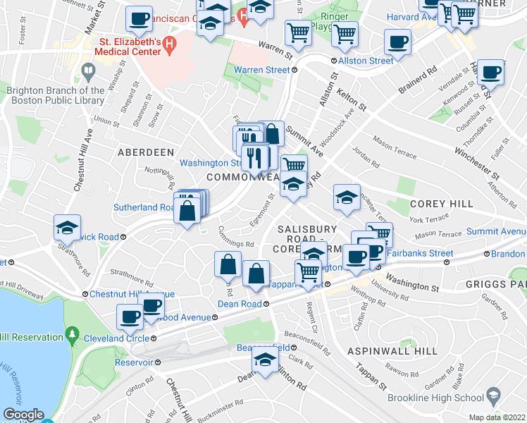 map of restaurants, bars, coffee shops, grocery stores, and more near 15 Mount Hood Road in Boston