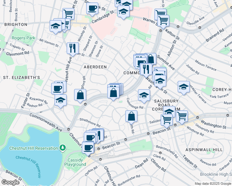 map of restaurants, bars, coffee shops, grocery stores, and more near 1691 Commonwealth Avenue in Boston