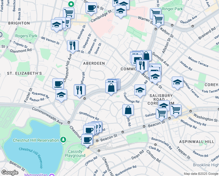 map of restaurants, bars, coffee shops, grocery stores, and more near 1691 Commonwealth Avenue in Boston
