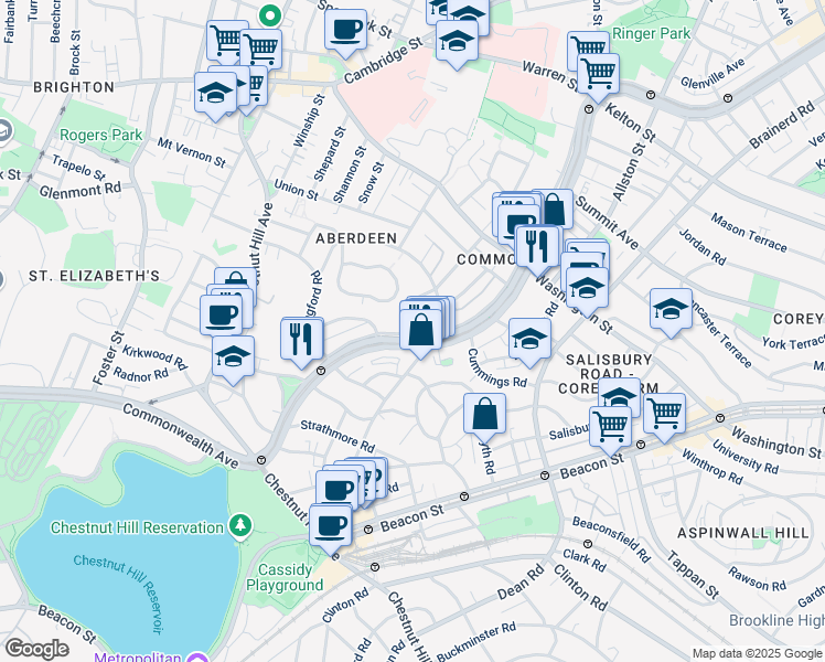 map of restaurants, bars, coffee shops, grocery stores, and more near 1713-1715 Commonwealth Avenue in Boston