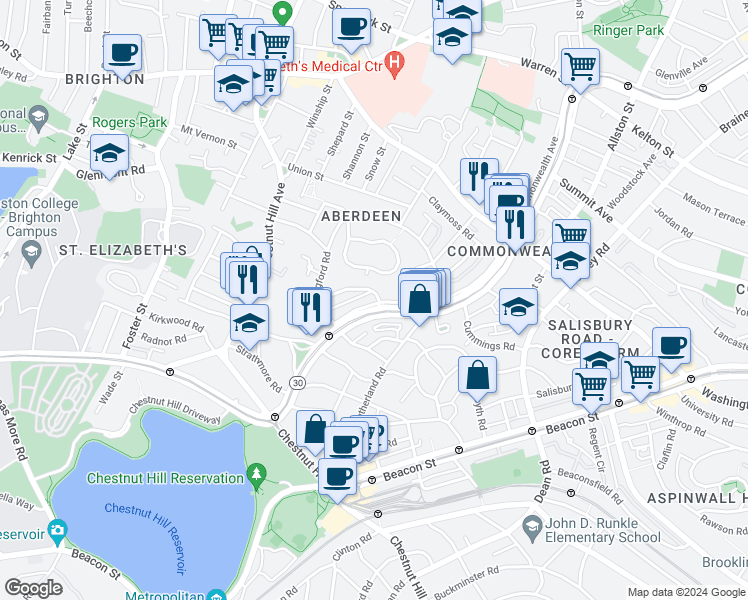 map of restaurants, bars, coffee shops, grocery stores, and more near 14 Leamington Road in Boston