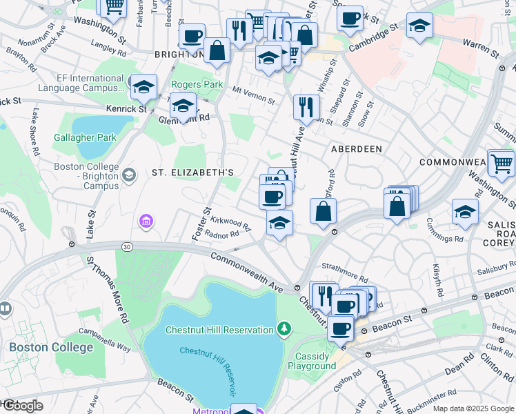 map of restaurants, bars, coffee shops, grocery stores, and more near 25 Embassy Road in Boston