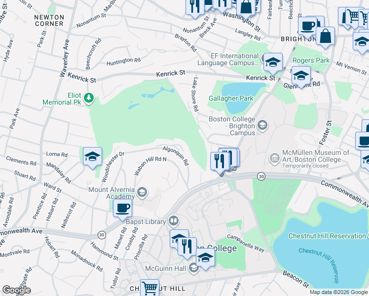 map of restaurants, bars, coffee shops, grocery stores, and more near 71 Algonquin Road in Newton