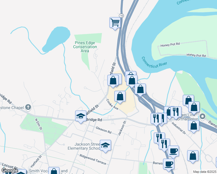 map of restaurants, bars, coffee shops, grocery stores, and more near 426 Hatfield Street in Northampton