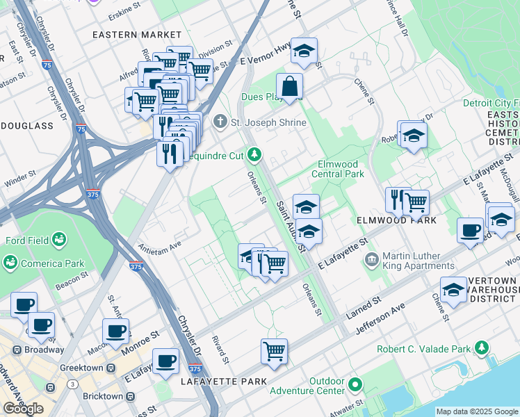 map of restaurants, bars, coffee shops, grocery stores, and more near 1575 Cherboneau Place in Detroit