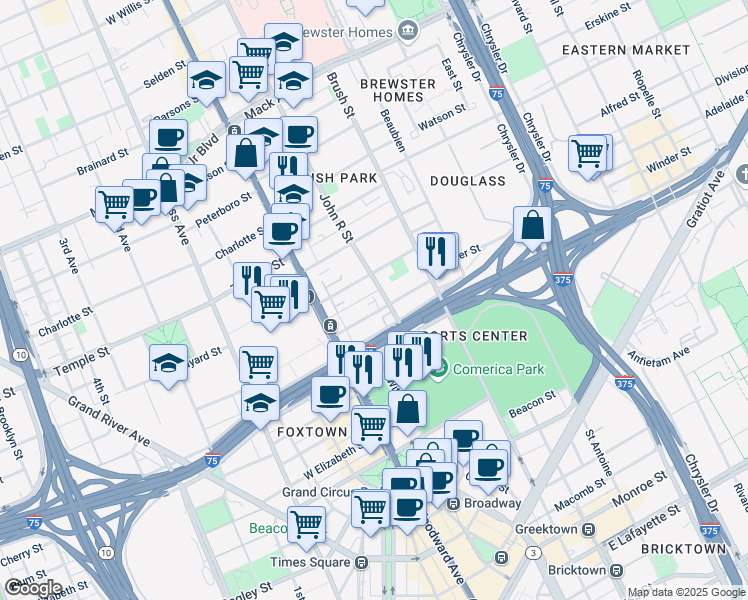 map of restaurants, bars, coffee shops, grocery stores, and more near 123 Winder Street in Detroit