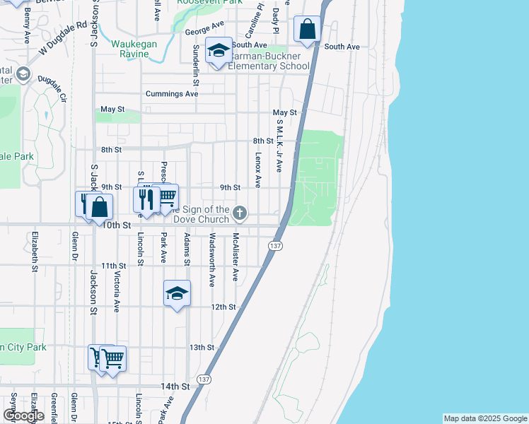 map of restaurants, bars, coffee shops, grocery stores, and more near 932 South Martin Luther King Junior Avenue in Waukegan