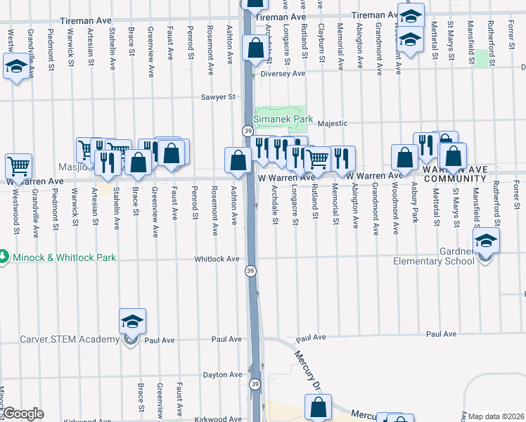 map of restaurants, bars, coffee shops, grocery stores, and more near 6870 Southfield Freeway in Detroit