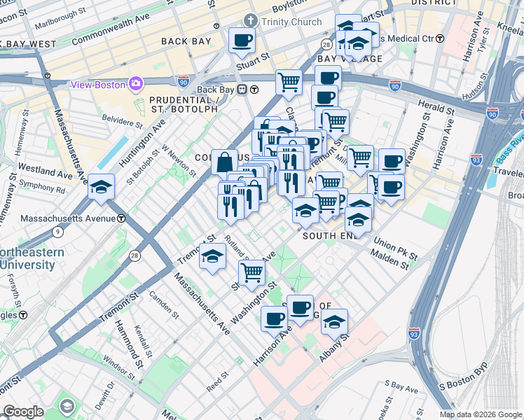 map of restaurants, bars, coffee shops, grocery stores, and more near 638 Tremont Street in Boston